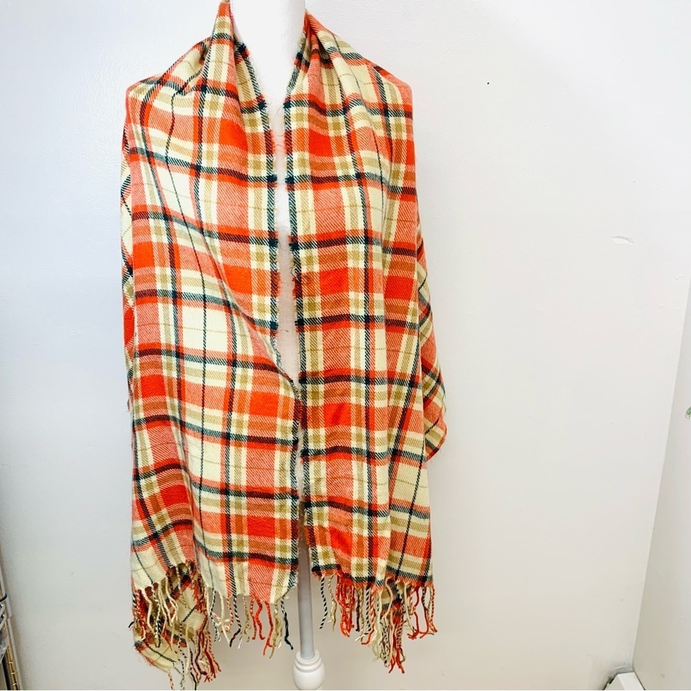 J Crew Scarf Wrap Shaw Plaid Fringe Boho Preppy 26' X 70" Lightweight Raw Hem